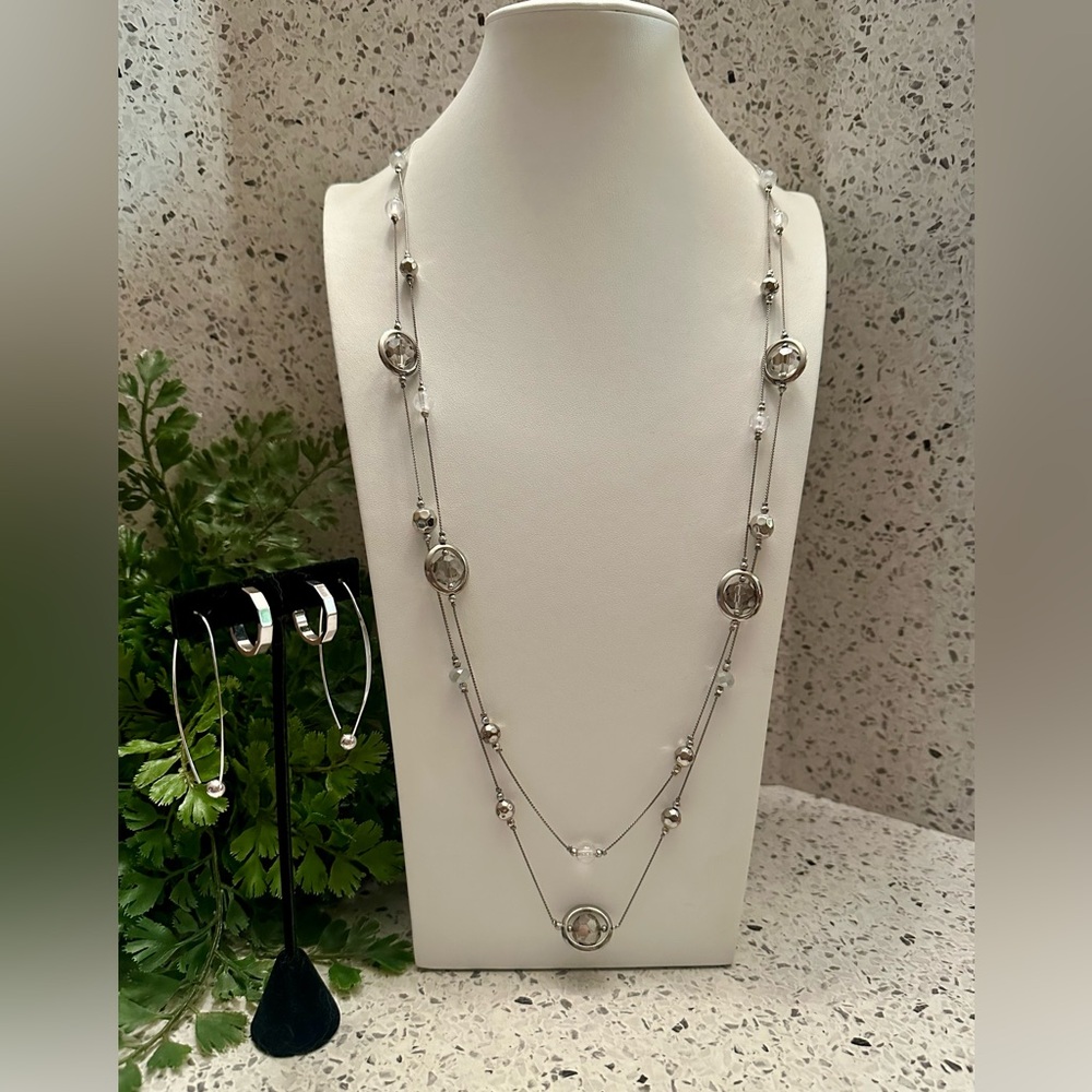 Silver tone long 2 strand necklace with bead accents and 2 earring sets